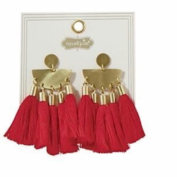 Mud Pie Red Tassel Fringe Earrings in Poinsettia - Picture 2 of 7
